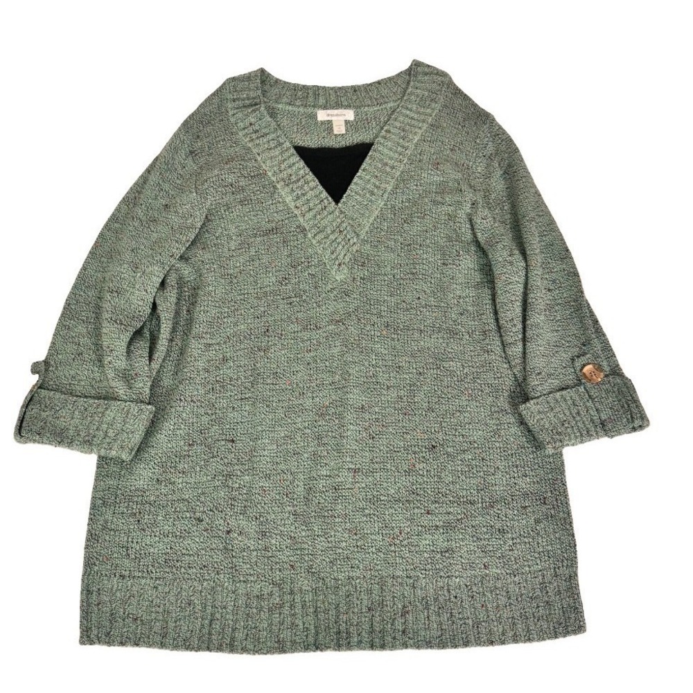 Dressbarn Pullover Womens 1X Green 3/4 Sleeve Marled Confetti V-Neck Sweater - Picture 3 of 10